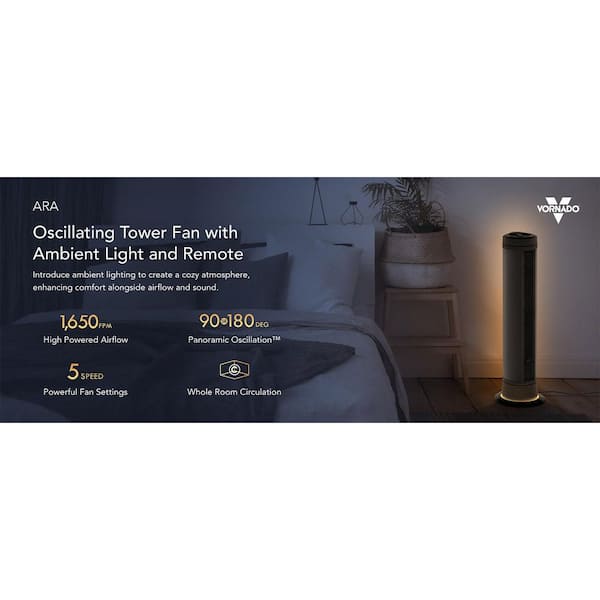ARA 39 in. 5-Fan Speeds Tower Fan in Black with Ambient Lighting