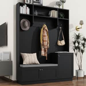 Black Multifunctional Hall Tree with Large Cabinets, Convenient Bench with Cushion, 3 Hooks and Storage Shelves