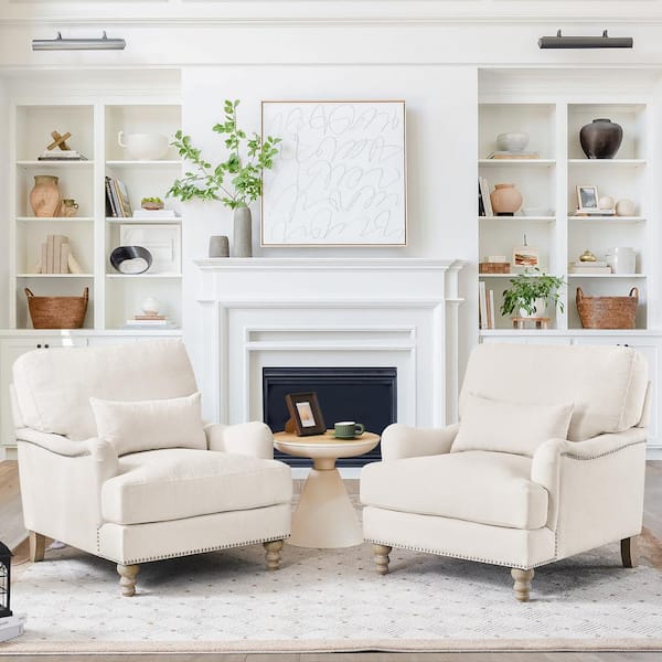 LUE BONA 39 in. W Ivory Fabric Club Chair Filled with Goose Down and Foam Upholstered Accent Chair (Set of 2)