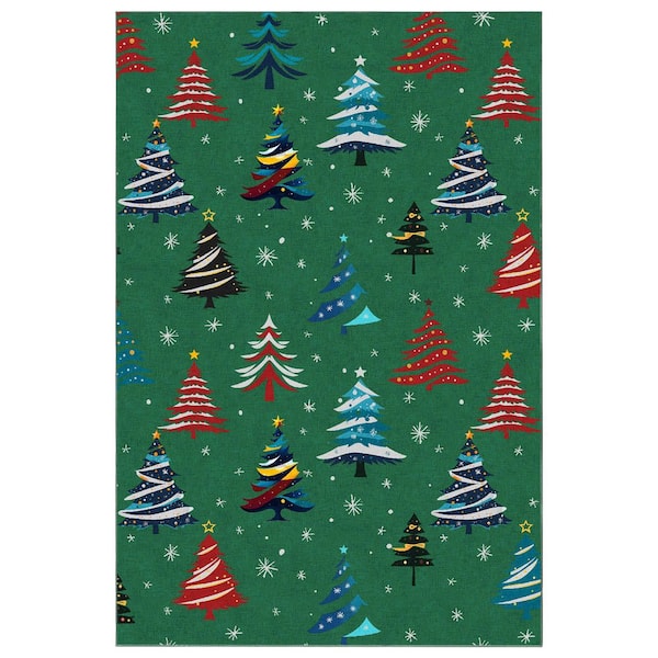 9 X 12 ft. Green Christmas Washable Area Rug, Soft Carpet with Xmas Tree, Non-Slip Backing, Foldable, for Living Room