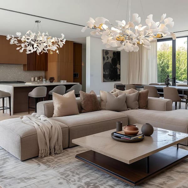 8-Light Silver Chandelier, Luxury Ceramic Ginkgo Branch Chandelier for Living Room, Dining Room, Kitchen Island-L39 in.
