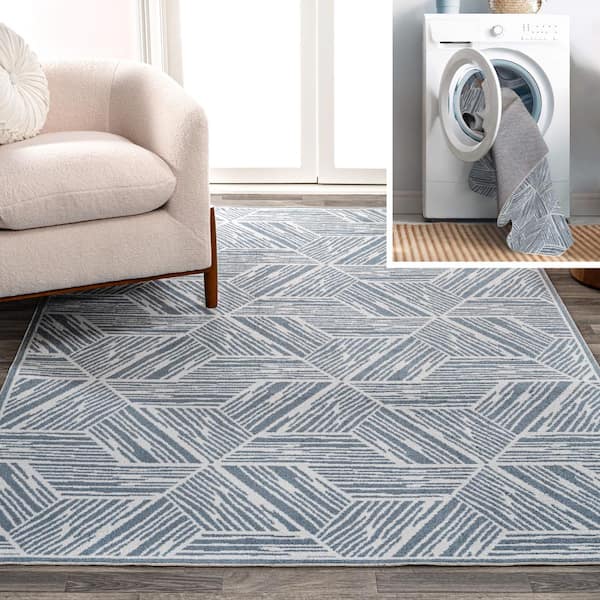 JONATHAN Y Vector Modern Coastal Geometric Machine-Washable Blue/Cream 5 ft. x 8 ft. Area Rug