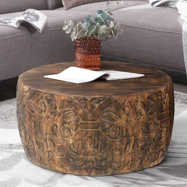33 In. Walnut Brown Round Coffee Table with Damask Carved Pattern and Wooden Frame