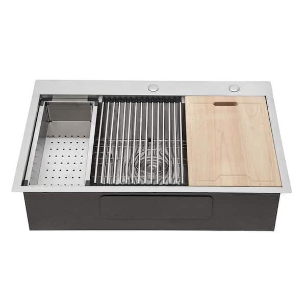 33 in. Drop-In Single Bowl 16 Gauge Gray Stainless Steel Kitchen Sink with Bottom Grids