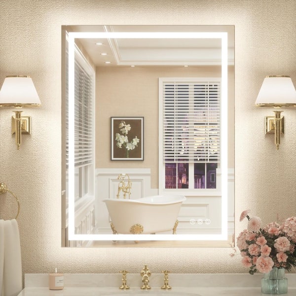 KeonJinn 28 in. W x 36 in. H Rectangular Frameless LED Lighted Bathroom Vanity Mirror with Light with Backlit and Anti-Fog