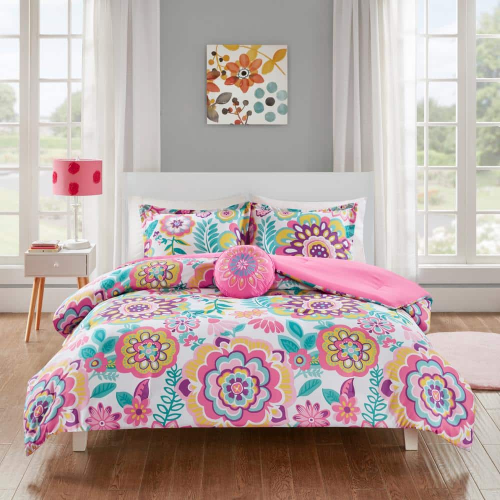 Full Pink Microfiber Reversible Floral Bedspread Set