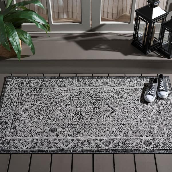 Courtyard Slate/Gray 3 ft. x 5 ft. Border Medallion Floral Indoor/Outdoor Area Rug
