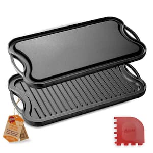 19.96 in. Kitchen Flat Grill Plate Pan Reversible Cast Iron Griddle Classic Flat Grill Pan Design with Scraper
