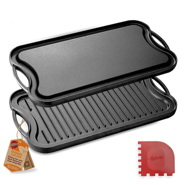 NutriChef 19.96 in. Kitchen Flat Grill Plate Pan Reversible Cast Iron Griddle Classic Flat Grill Pan Design with Scraper