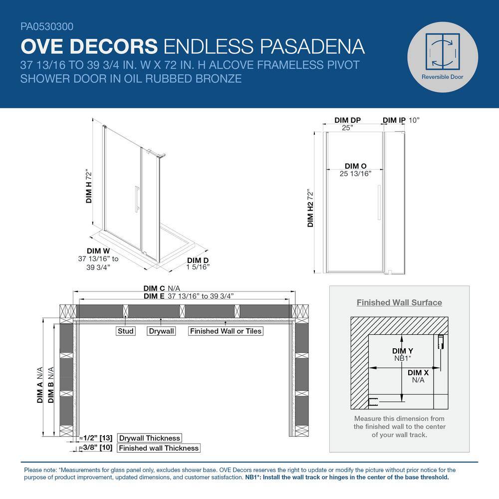 Pasadena 39" x 72" Frameless Shower Kit in Oil Rubbed Bronze