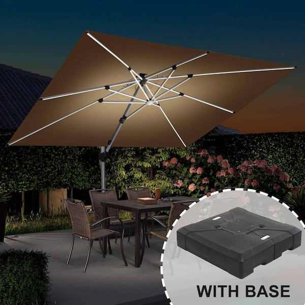 9 ft.x 12 ft. Aluminum Solar Powered LED Patio Cantilever Offset Umbrella with Stand, Beige