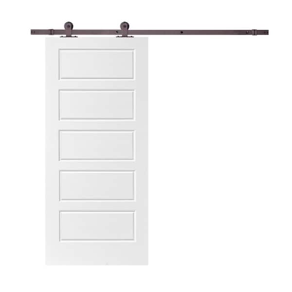 CALHOME 36 in. x 80 in. White Primed Composite MDF 5 Panel Interior Sliding Barn Door with Hardware Kit