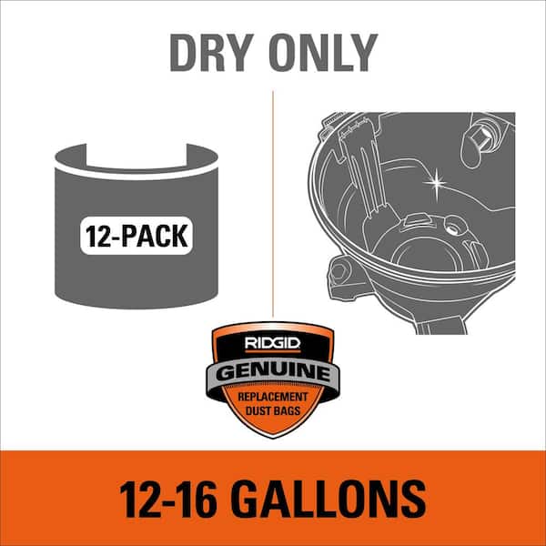 Genuine VF3502B Wet Dry Vac Dry Pick-up Only Dust Bags for Select 12-16 Gallon RIDGID Shop Vacuums, Size A (12-Pack)