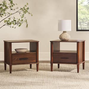 1-Drawer Walnut Solid Wood Transitional Storage Nightstand Tapered Legs, (Set of 2)
