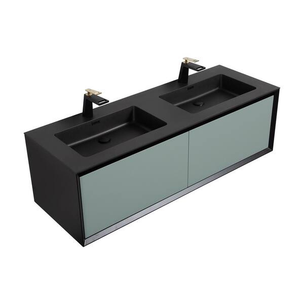 INSTER NOBLE 59 in. W x 22.5 in. D x 22.5 in. H Double Sink Big Floating Bath Vanity in Green with Black Solid Surface Top