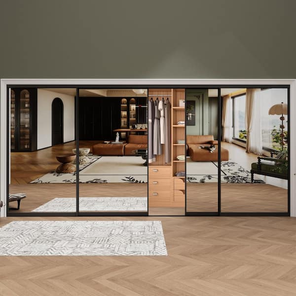 144 in. x 80 in. 1-Lite Black Mirrored Glass and Aluminum Frame Finished Closet Sliding Door with Hardware Kit