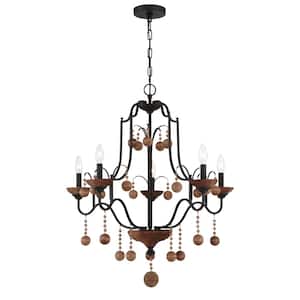 Colonial Charm 5-Light Old World Bronze Candlestick Chandelier with Walnut Accents