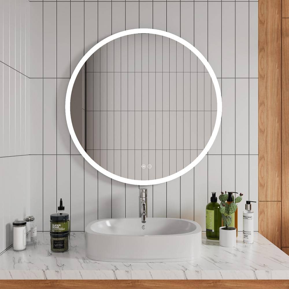 INSTER 32 in. W x 32 in. H Round LED Mirror Dimmable Anti-Fog Wall-Mounted Bathroom Vanity Mirror WSHDRMMR0045 - Home