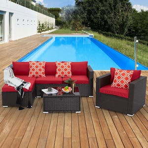 4-Piece PE Wicker Outdoor Sectional Patio Furniture Conversation Set with Wine Red Cushions for Garden