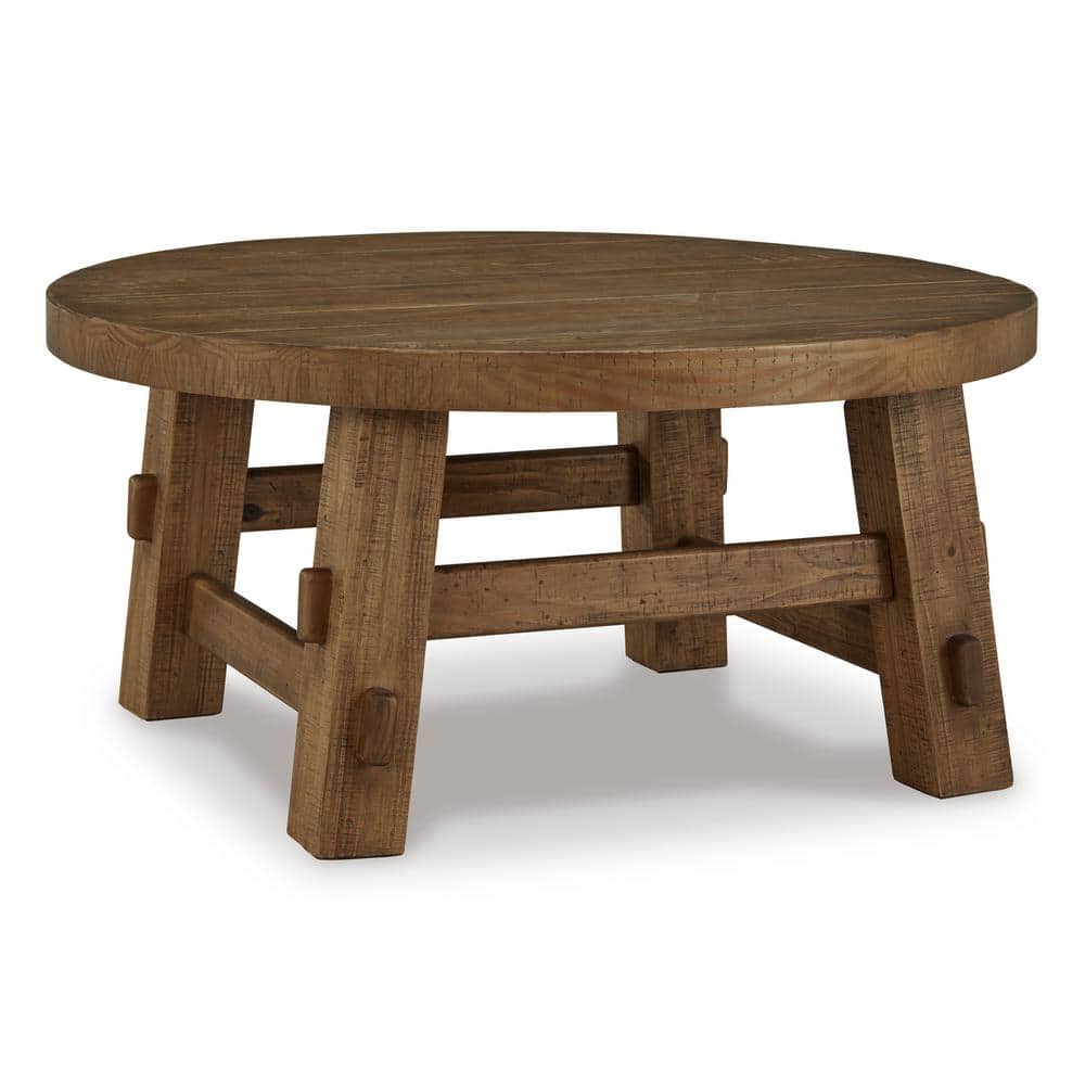 Warm Brown Round Pine Wood Coffee Table