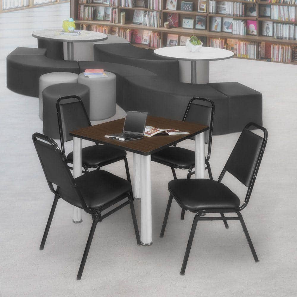 Kee 30 in Neo Walnut Square Breakroom Table Desk & 4 Restaurant Stack Chairs-Black