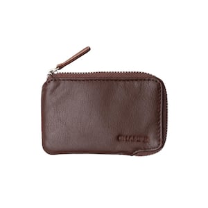 Minimalist Brown Genuine Leather RFID Blocking Zip Case Card Holder in Gift Box