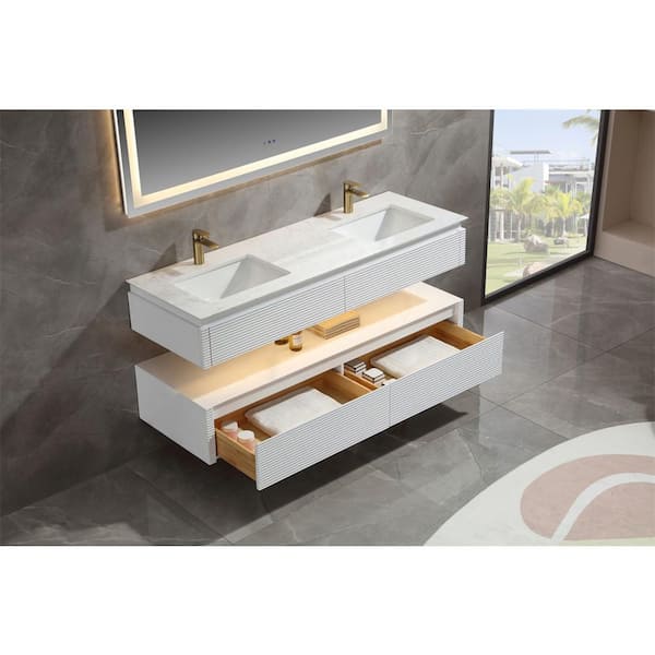 ANGELES HOME 60 in. W x 29.60 in. H x 20.80 in. D Floating Bath Vanity in White with Light, Double Sinks, White Cultured Marble Top