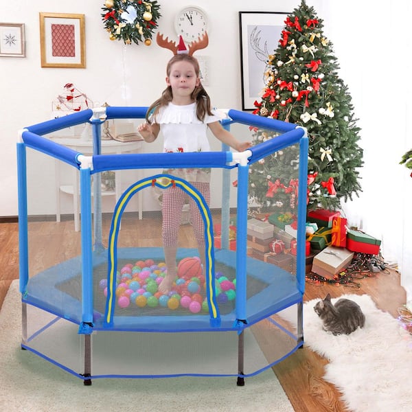 55 in. Outdoor Park Blue Kids Mini Trampoline with Safety Enclosure and Ocean Balls