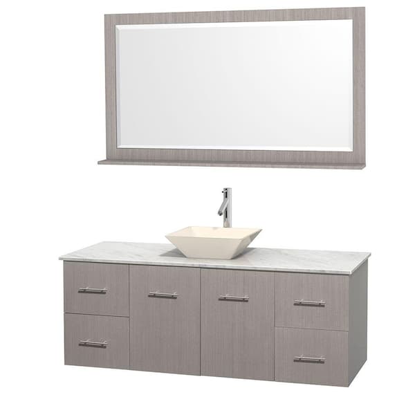 Wyndham Collection Centra 60 in. Vanity in Gray Oak with Marble Vanity Top in Carrara White, Bone Porcelain Sink and 58 in. Mirror
