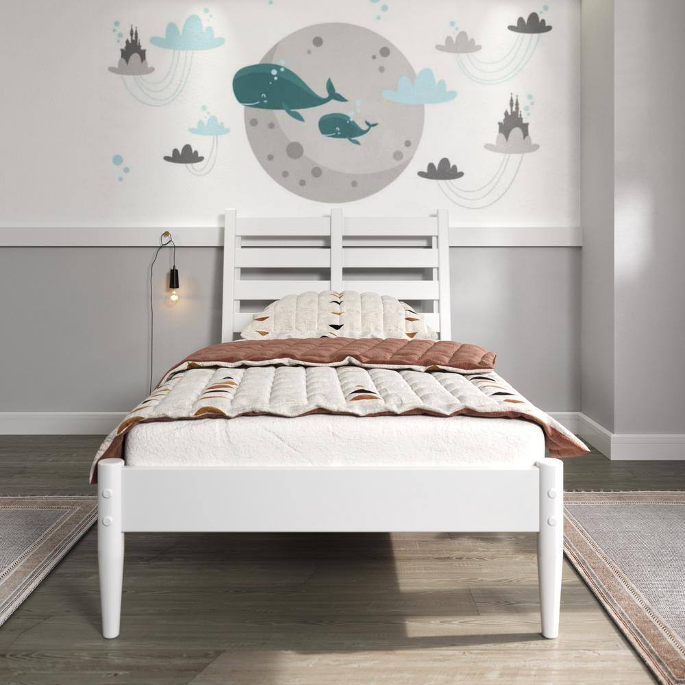 White Pine Wood Twin Bed Frame with Slatted Headboard