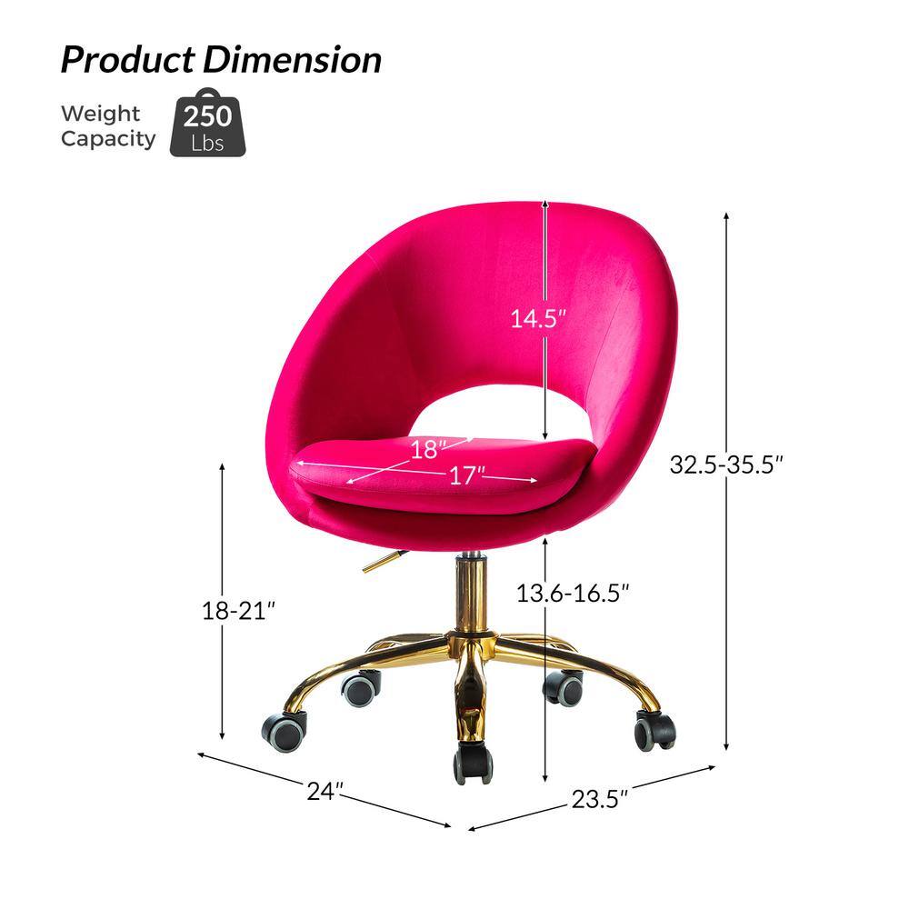 Ergonomic Fuchsia Velvet Swivel Task Chair with Gold Metal Base