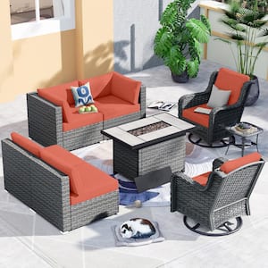 Iris Gray 8-Piece Wicker Outdoor Patio Rectangular Fire Pit Set and with Orange Red Cushions and Swivel Rocking Chairs