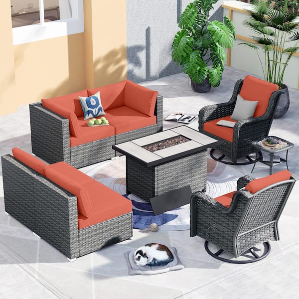 XIZZI Iris Gray 8-Piece Wicker Outdoor Patio Rectangular Fire Pit Set and with Orange Red Cushions and Swivel Rocking Chairs