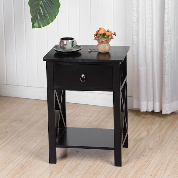 VECELO Black Wooden Side Table 1-Drawers & Open Shelf VECELO Black Wooden Side Table 1-Drawers & Open Shelf