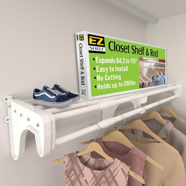 Expandable Closet Shelf & Rod 65 in. W- 119 in. W, White,Mounts to 1 Side & Back Wall (1 End Bracket),Wire,Closet System