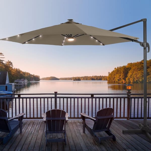 JOYESERY 10 ft. Solar LED Taupe Cantilever Patio Umbrella with Cross Base, Outdoor Offset Hanging 360°