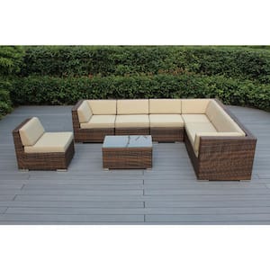 Mixed Brown 8-Piece Wicker Patio Seating Set with Sunbrella Antique Beige Cushions