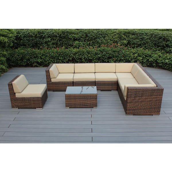 Ohana Depot Mixed Brown 8-Piece Wicker Patio Seating Set with Sunbrella Antique Beige Cushions