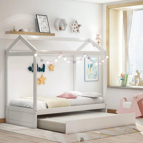 GODEER White Twin Size House Bed with Trundle