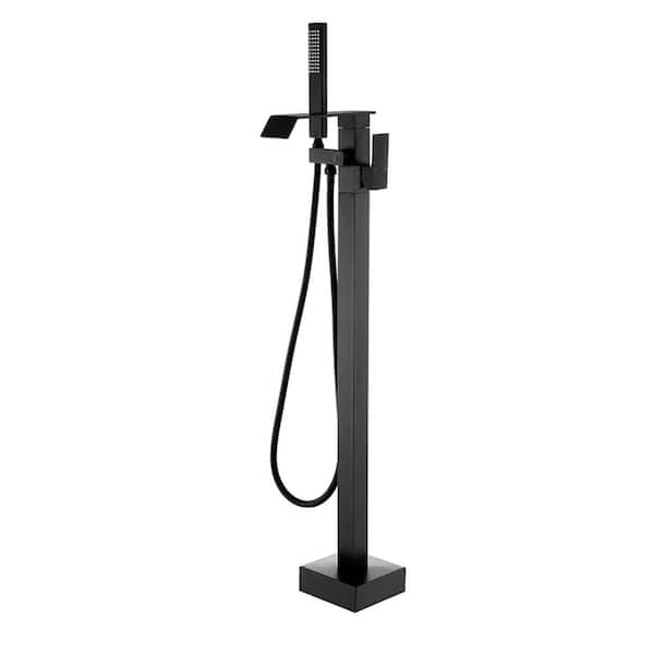 Single-Handle Freestanding Tub Faucet with Hand Shower Waterfall Floor Mount Bathtub Filler with Sprayer in Matte Black