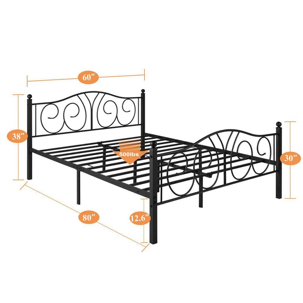 Victorian Black Metal Queen Platform Bed Frame with Headboard and Footboard