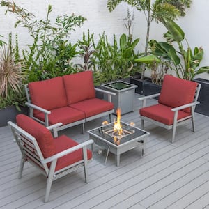 Walbrooke Grey 5-Piece Aluminum Square Patio Fire Pit Set with Red Cushions and Tank Holder
