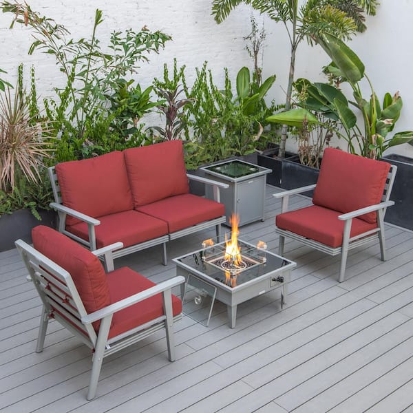 Leisuremod Walbrooke Grey 5-Piece Aluminum Square Patio Fire Pit Set with Red Cushions and Tank Holder