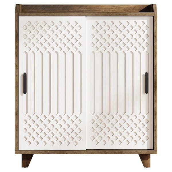 37.4 in. H x 12.2 in. W Brown and White Wood Shoe Storage Cabinet with Sliding Doors, Adjustable Shelves