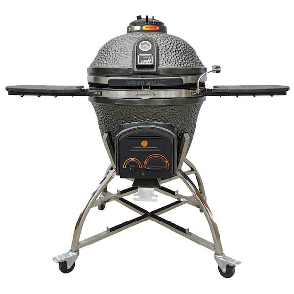 Vision Grills 24 in. Kamado XD702 Ceramic Charcoal Grill in Metallic Grey with Cover, Storage Cart, Shelves, Lava Stone, Ash Drawer