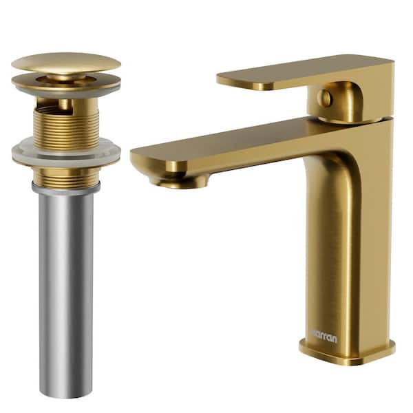 Karran Venda Single-Handle Single-Hole Basin Bathroom Faucet with Matching Pop-Up Drain in Brushed Gold