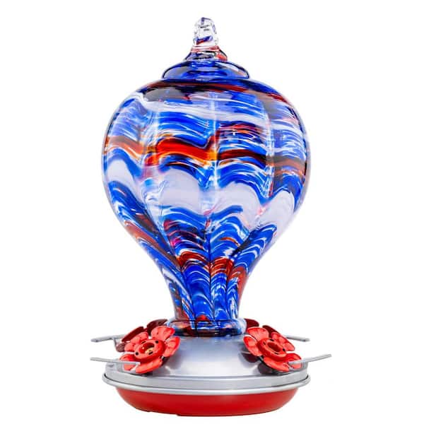 Unbranded Convenient Navy Blue Glass Hanging Humming Bird Nectar Feeder-32 oz. with Ant Moat (1-Pack)