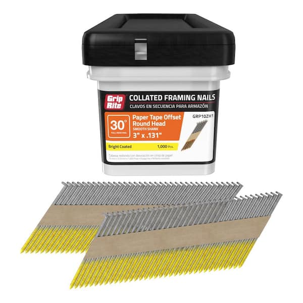 Grip-Rite 3 in. x 0.131 in. 30° Paper Collated Bright Coated Smooth Shank Offset Round Head Nails 1000 per Box