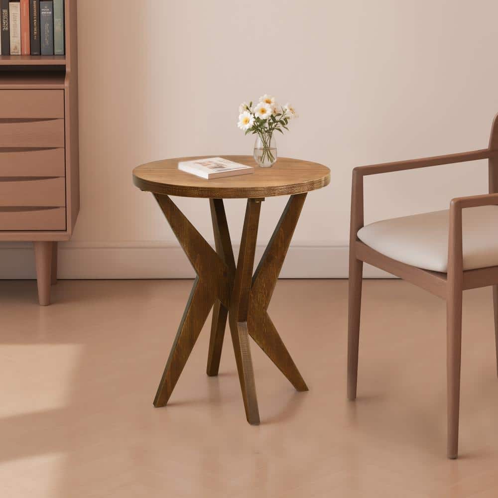 Modern 20 in. Brown Round Wood End Table with Crossed Legs and Sturdy Legs Base, Small Spaces Side Table/Coffee Table
