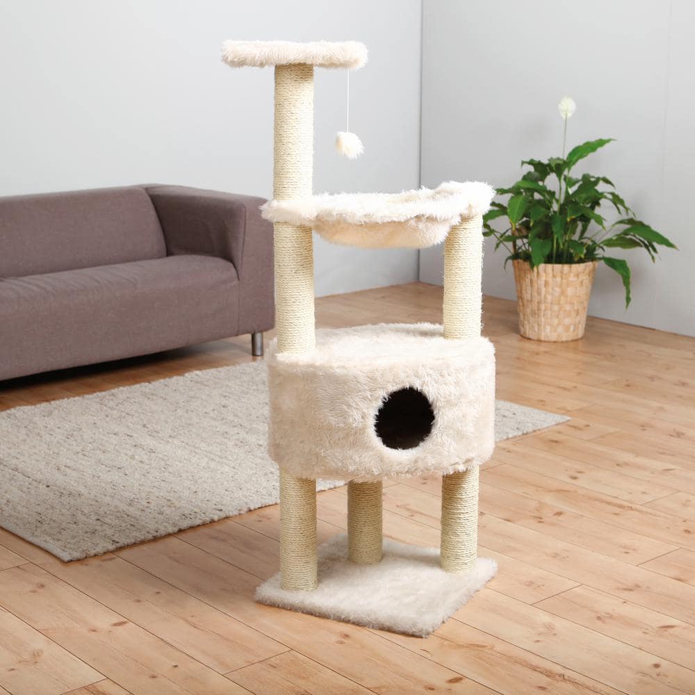 Cream Plush and Sisal Cat Tower with Hammock and Condo
